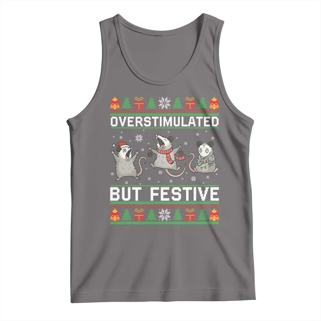 Overstimulated But Festive Opossum Christmas Tank Top Funny Holiday Anxiety Gag Gift for Introverts - Wonder Print Shop
