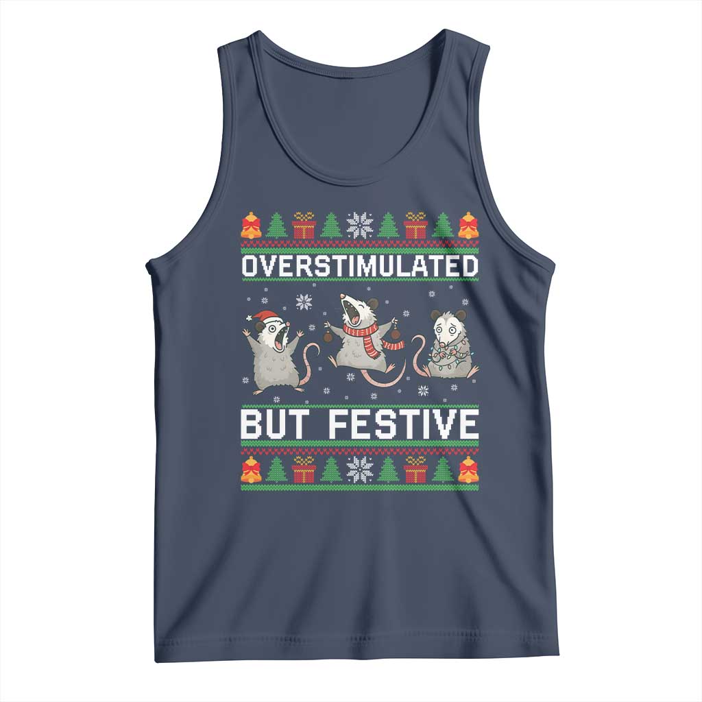 Overstimulated But Festive Opossum Christmas Tank Top Funny Holiday Anxiety Gag Gift for Introverts - Wonder Print Shop