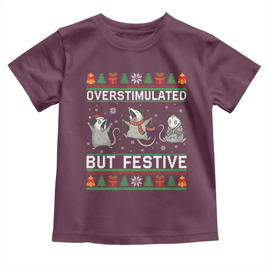 Overstimulated But Festive Opossum Christmas Toddler T Shirt Funny Holiday Anxiety Gag Gift for Introverts - Wonder Print Shop