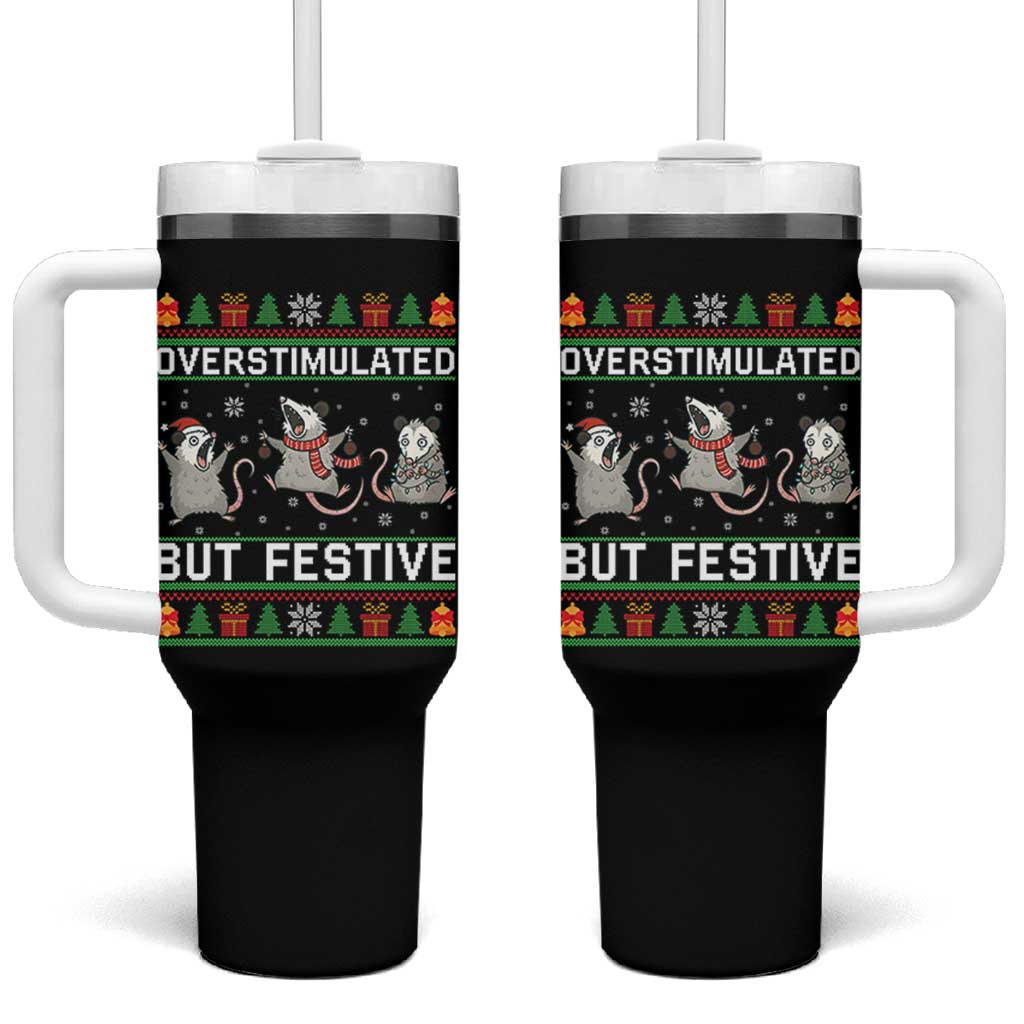Overstimulated But Festive Opossum Christmas Tumbler With Handle Funny Holiday Anxiety Gag Gift for Introverts - Wonder Print Shop