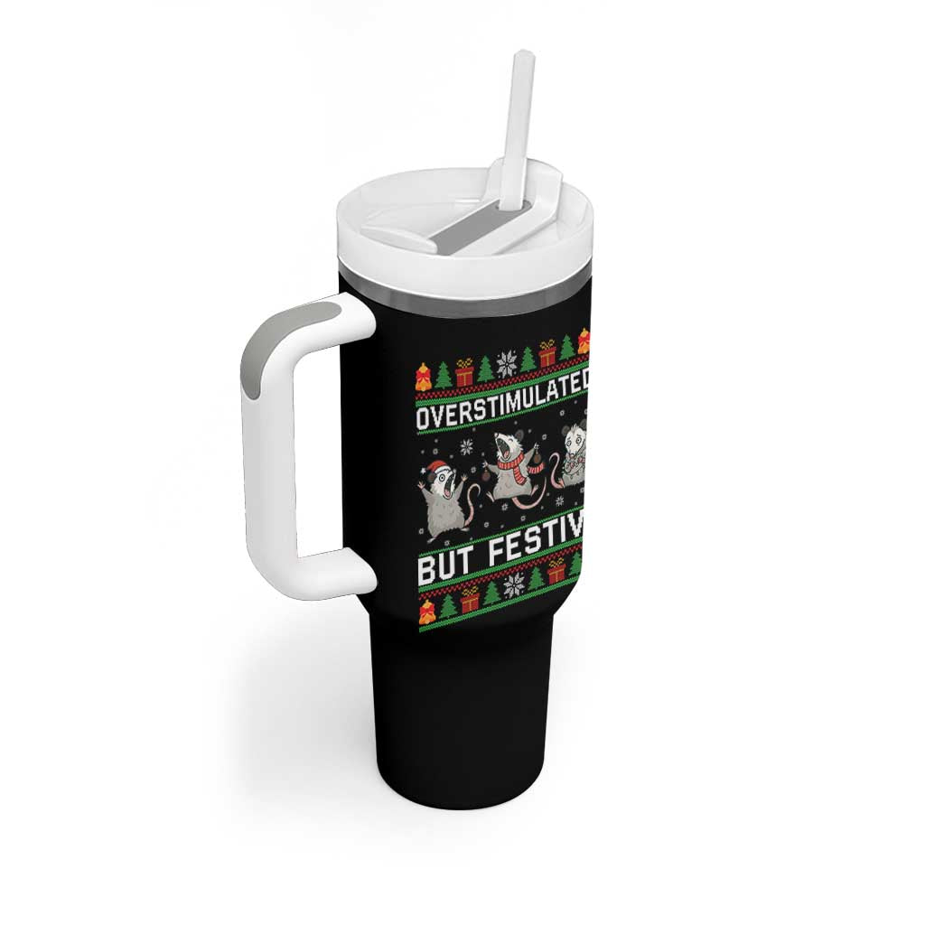Overstimulated But Festive Opossum Christmas Tumbler With Handle Funny Holiday Anxiety Gag Gift for Introverts - Wonder Print Shop