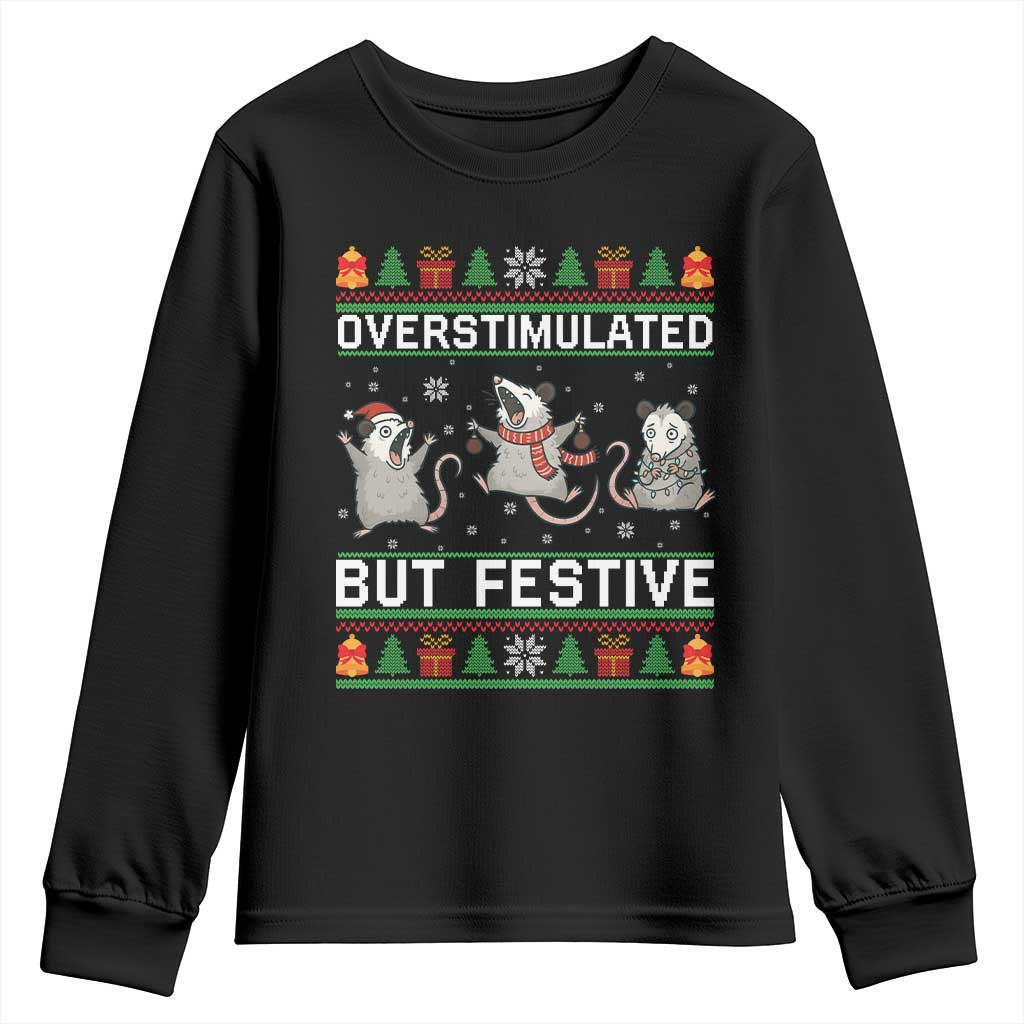 Overstimulated But Festive Opossum Christmas Youth Sweatshirt Funny Holiday Anxiety Gag Gift for Introverts - Wonder Print Shop