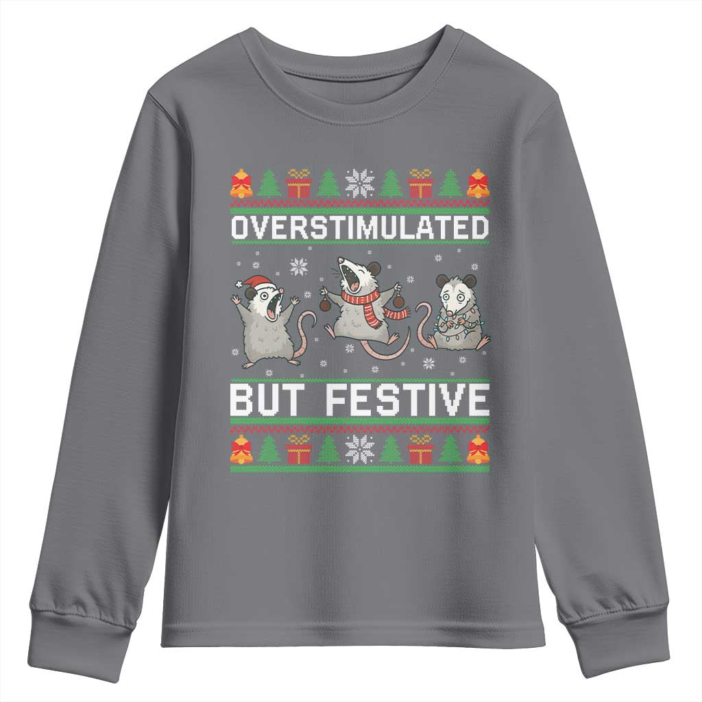 Overstimulated But Festive Opossum Christmas Youth Sweatshirt Funny Holiday Anxiety Gag Gift for Introverts - Wonder Print Shop