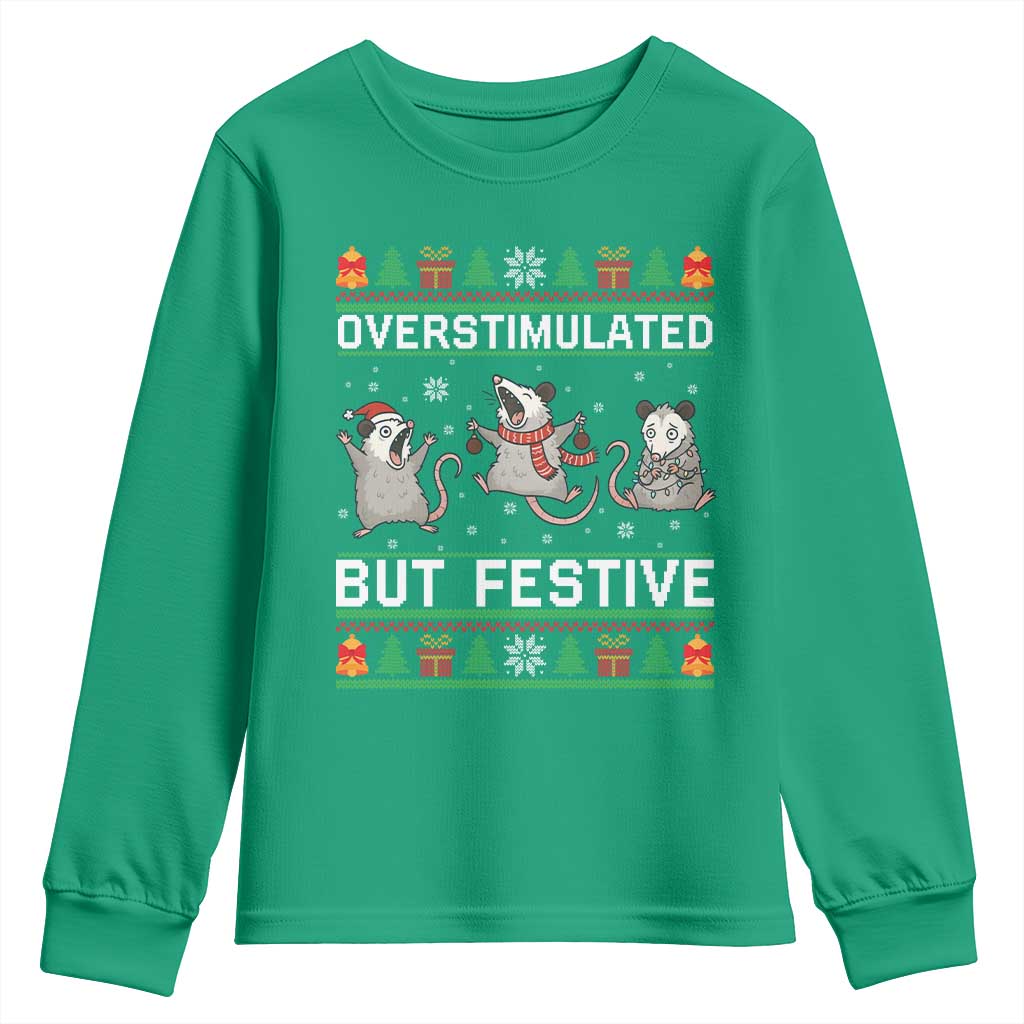 Overstimulated But Festive Opossum Christmas Youth Sweatshirt Funny Holiday Anxiety Gag Gift for Introverts - Wonder Print Shop