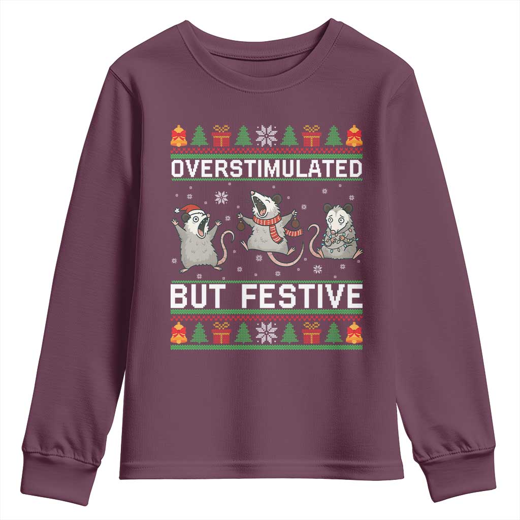 Overstimulated But Festive Opossum Christmas Youth Sweatshirt Funny Holiday Anxiety Gag Gift for Introverts - Wonder Print Shop