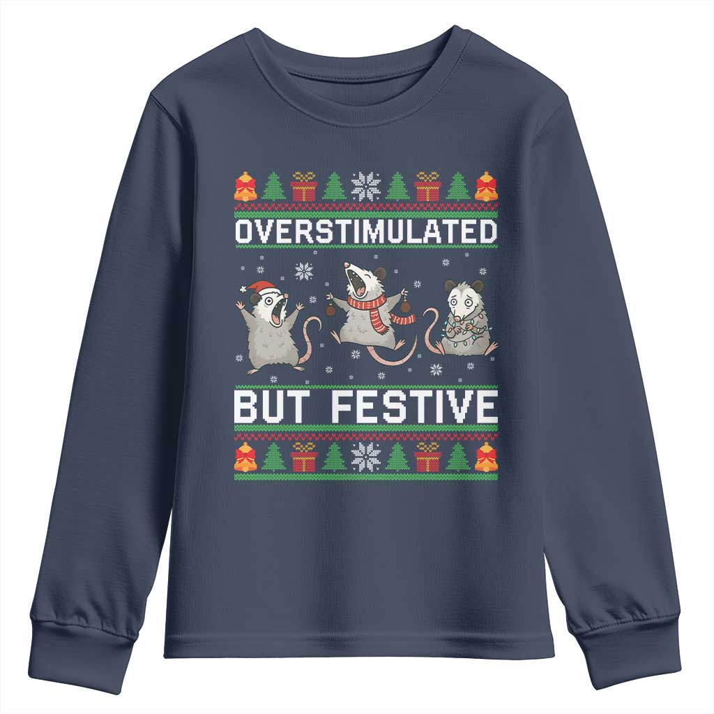 Overstimulated But Festive Opossum Christmas Youth Sweatshirt Funny Holiday Anxiety Gag Gift for Introverts - Wonder Print Shop