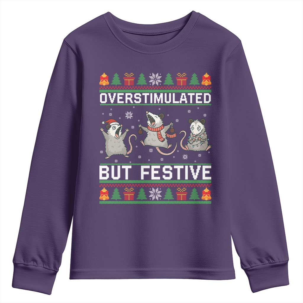 Overstimulated But Festive Opossum Christmas Youth Sweatshirt Funny Holiday Anxiety Gag Gift for Introverts - Wonder Print Shop