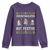 Overstimulated But Festive Opossum Christmas Youth Sweatshirt Funny Holiday Anxiety Gag Gift for Introverts - Wonder Print Shop