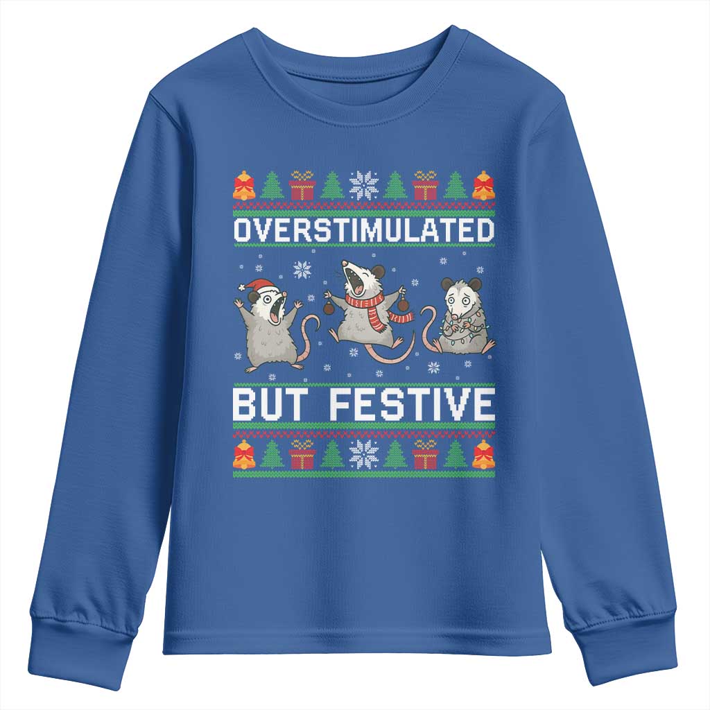 Overstimulated But Festive Opossum Christmas Youth Sweatshirt Funny Holiday Anxiety Gag Gift for Introverts - Wonder Print Shop
