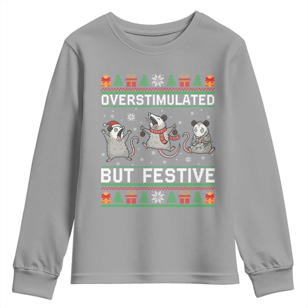 Overstimulated But Festive Opossum Christmas Youth Sweatshirt Funny Holiday Anxiety Gag Gift for Introverts - Wonder Print Shop