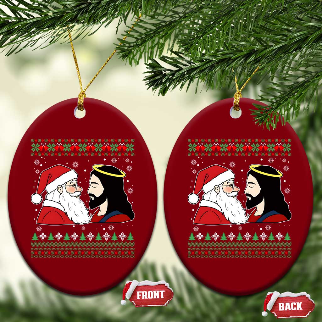 Funny Christmas Santa and Jesus Ceramic Ornament Most Wonderful Time Christian Holiday Gag Gift - Wonder Print Shop