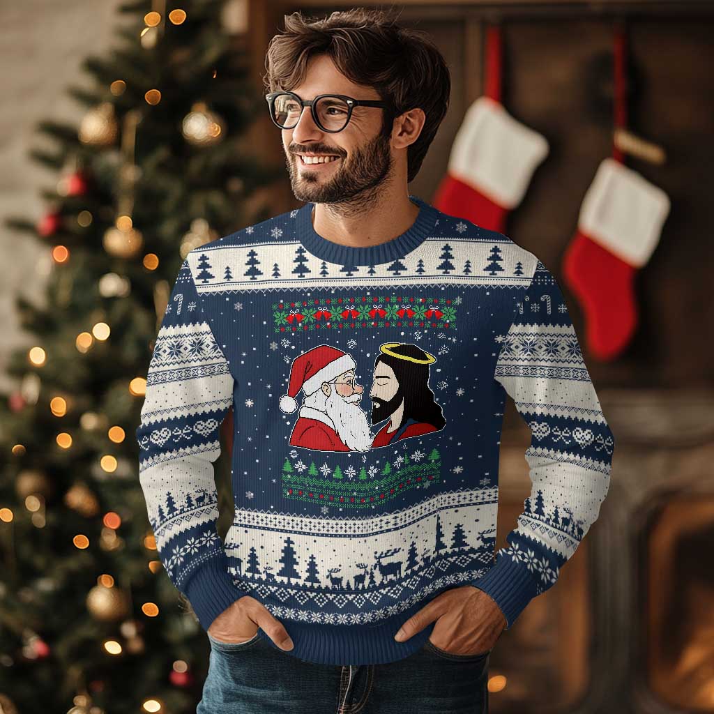 Funny Christmas Santa and Jesus Ugly Christmas Sweater Most Wonderful Time Christian Holiday Gag Gift - Wonder Print Shop