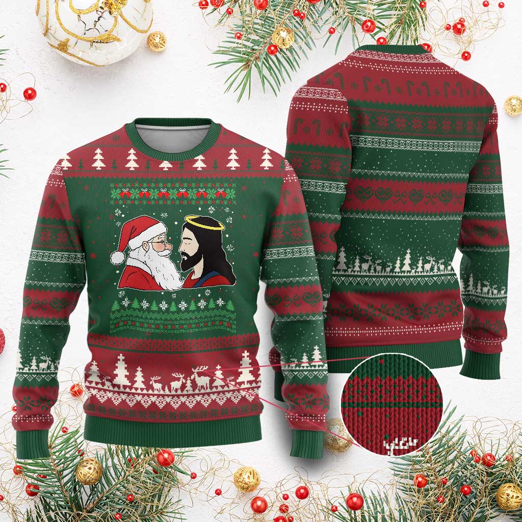 Funny Christmas Santa and Jesus Ugly Christmas Sweater Most Wonderful Time Christian Holiday Gag Gift - Wonder Print Shop