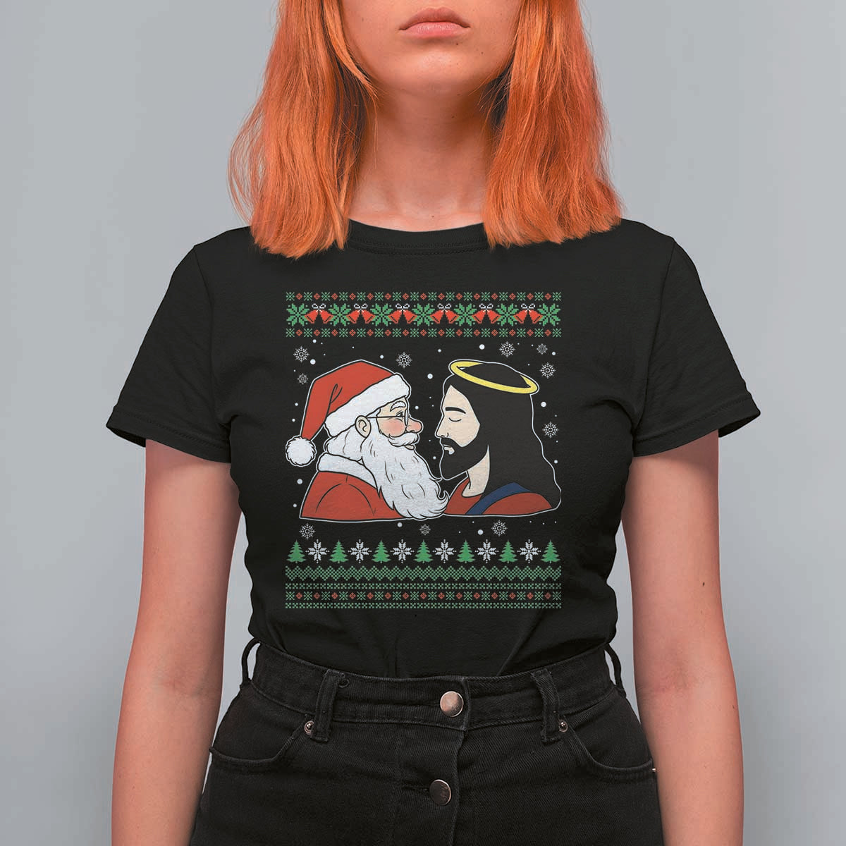 Funny Christmas Santa and Jesus T Shirt For Women Most Wonderful Time Christian Holiday Gag Gift - Wonder Print Shop