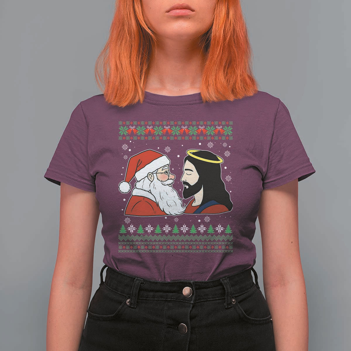 Funny Christmas Santa and Jesus T Shirt For Women Most Wonderful Time Christian Holiday Gag Gift - Wonder Print Shop