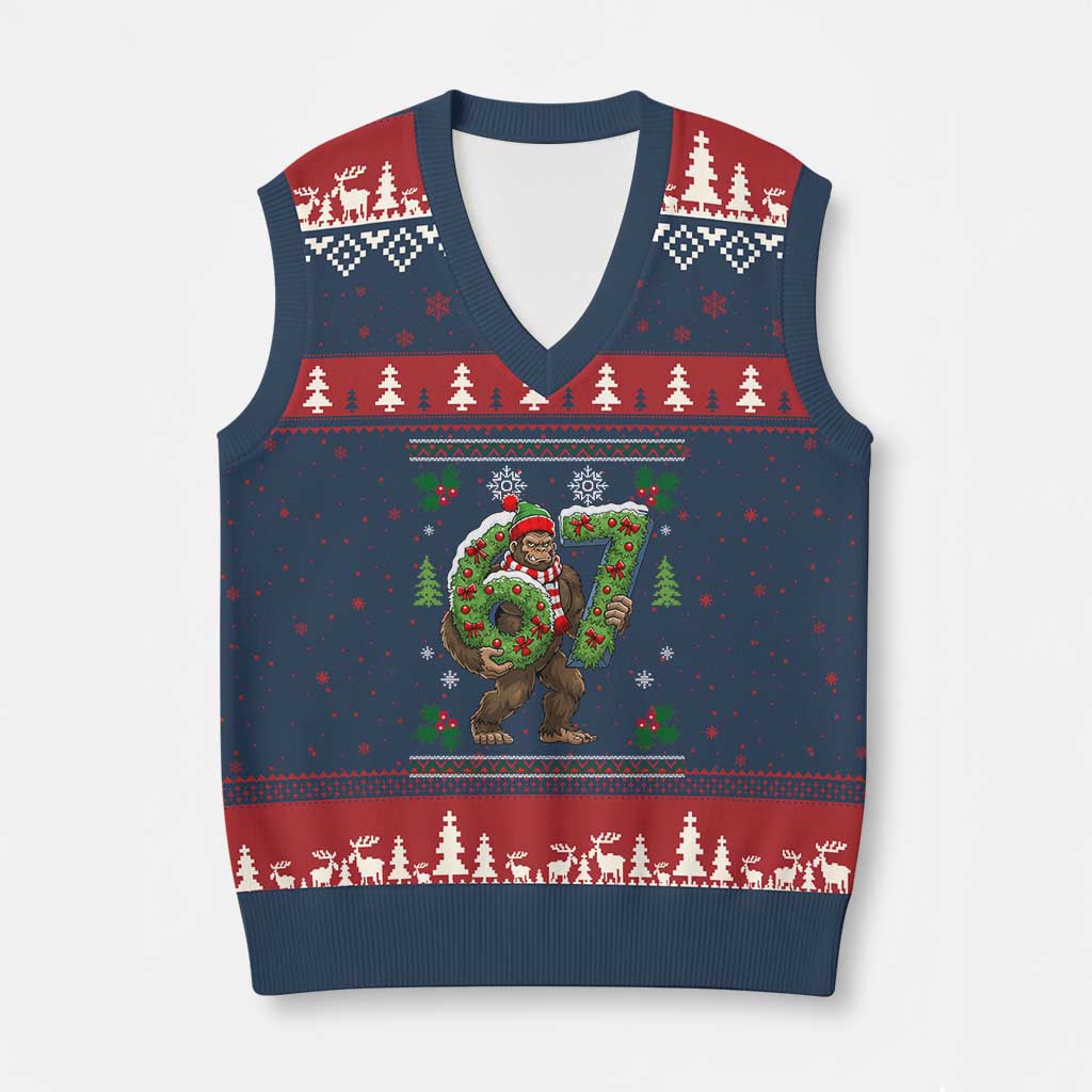 67 Meme Xmas Bigfoot V-Neck Knit Sweater Vest Funny Six Seven Wreath Sasquatch Holiday Gag Gift - Wonder Print Shop