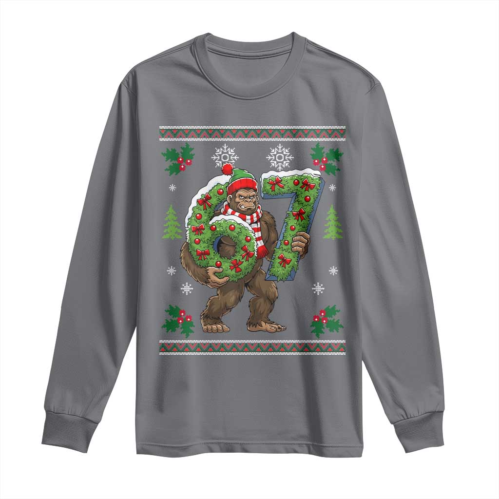 67 Meme Christmas Bigfoot Long Sleeve Shirt Funny Six Seven Wreath Sasquatch Holiday Gag Gift - Wonder Print Shop