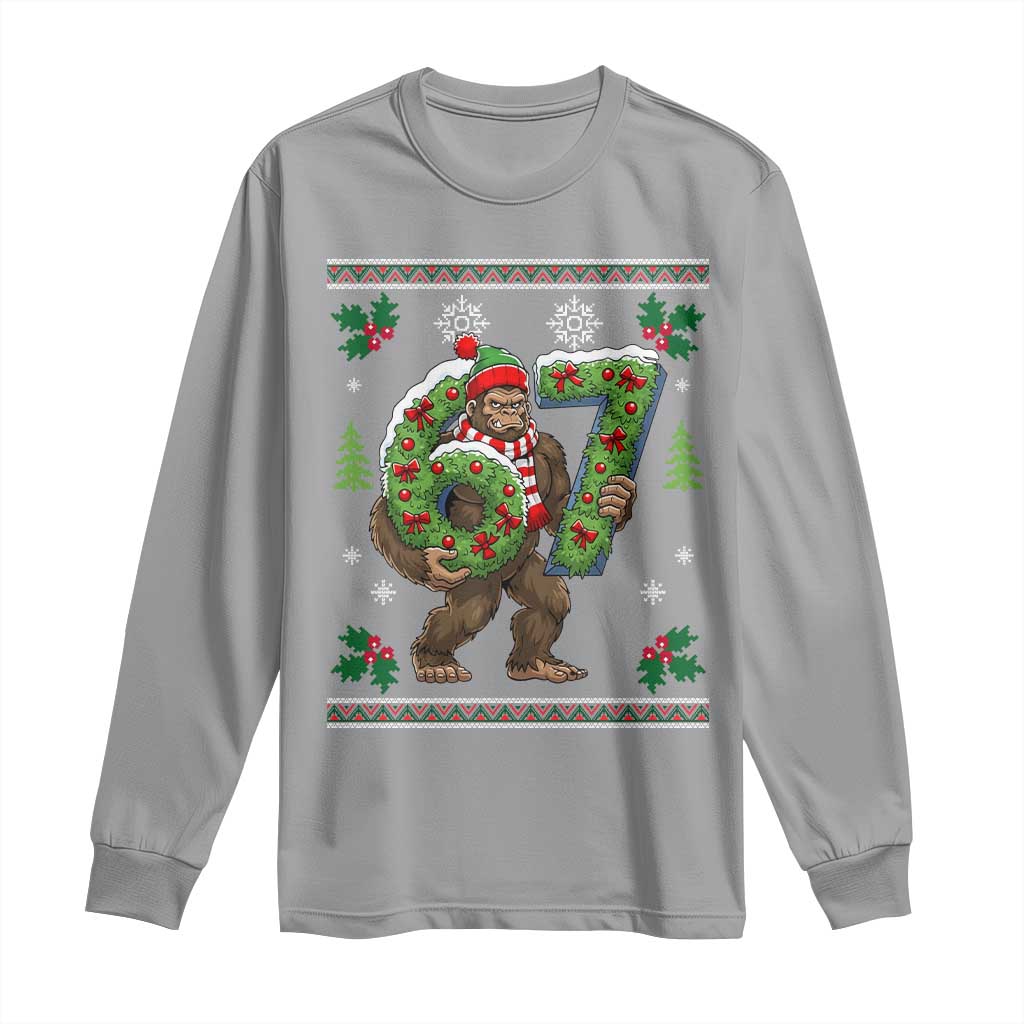 67 Meme Christmas Bigfoot Long Sleeve Shirt Funny Six Seven Wreath Sasquatch Holiday Gag Gift - Wonder Print Shop