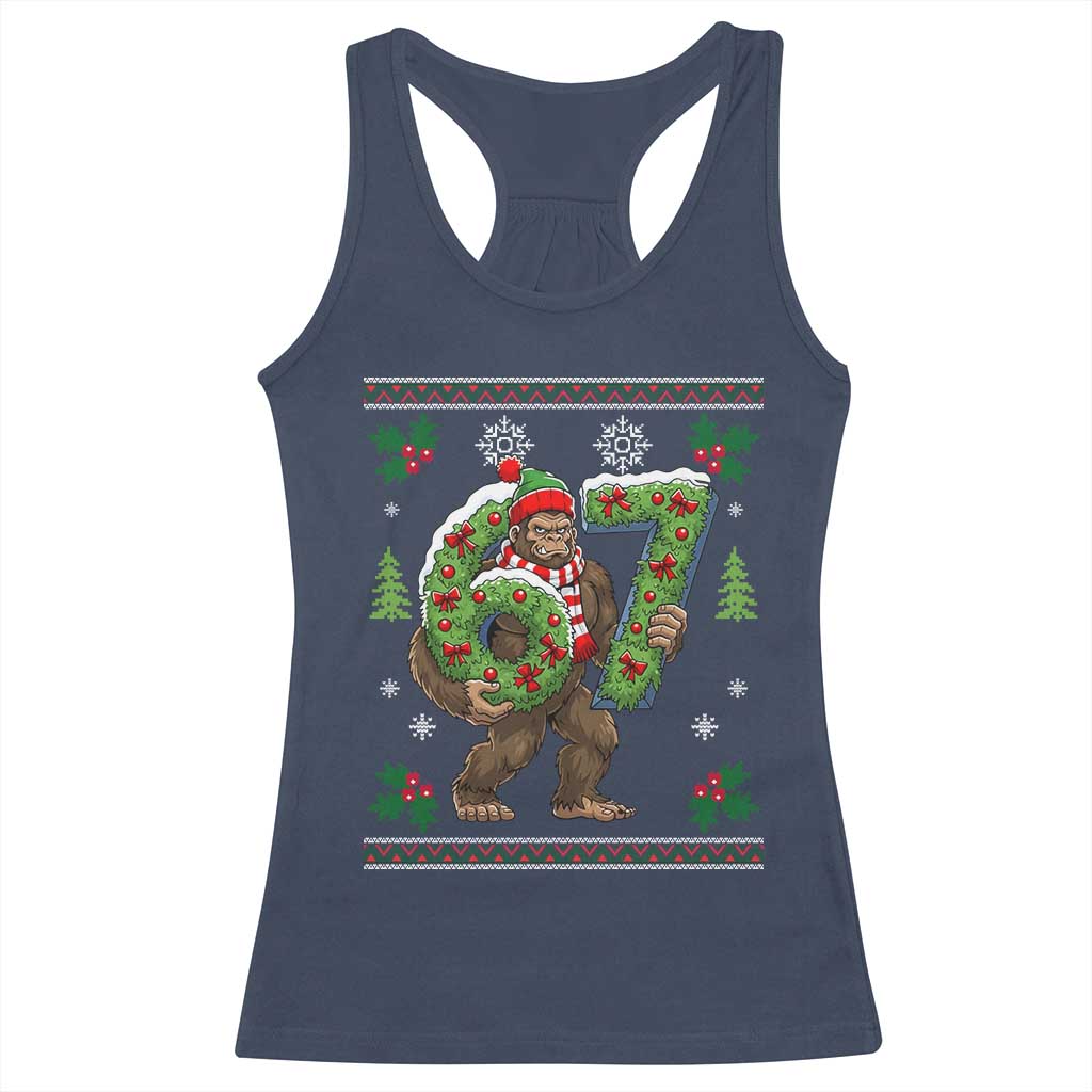 67 Meme Christmas Bigfoot Racerback Tank Top Funny Six Seven Wreath Sasquatch Holiday Gag Gift - Wonder Print Shop