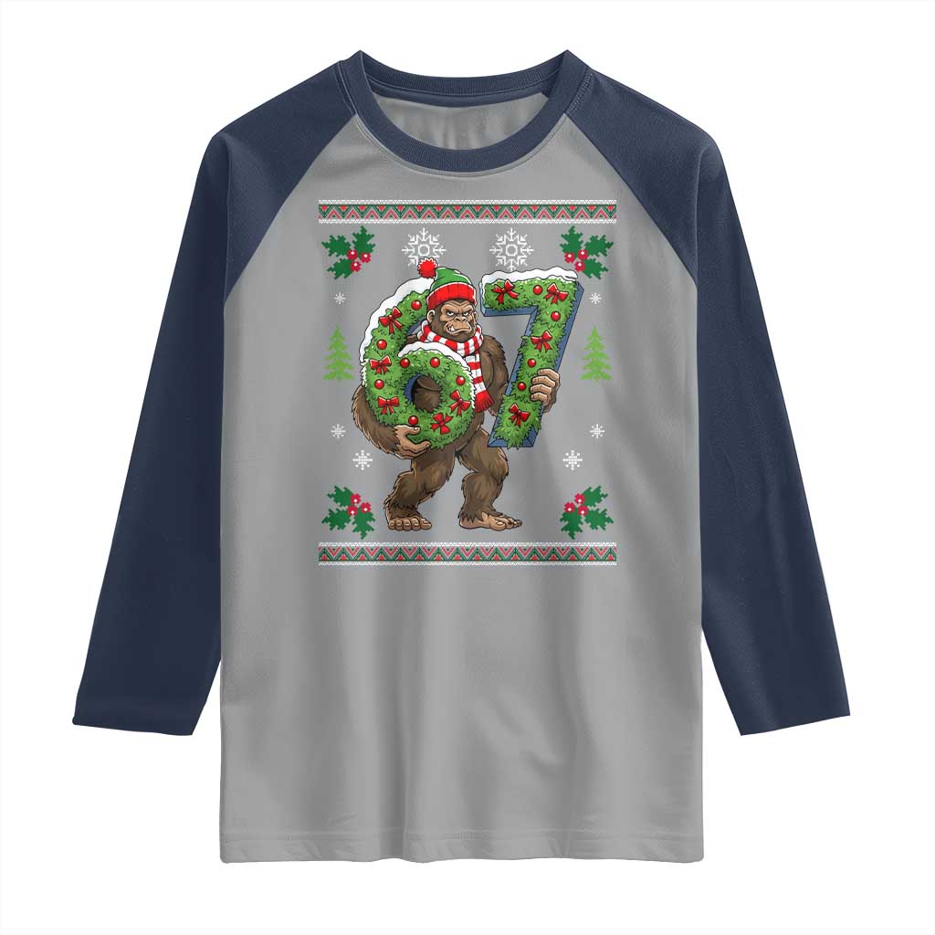 67 Meme Christmas Bigfoot Raglan Shirt Funny Six Seven Wreath Sasquatch Holiday Gag Gift - Wonder Print Shop
