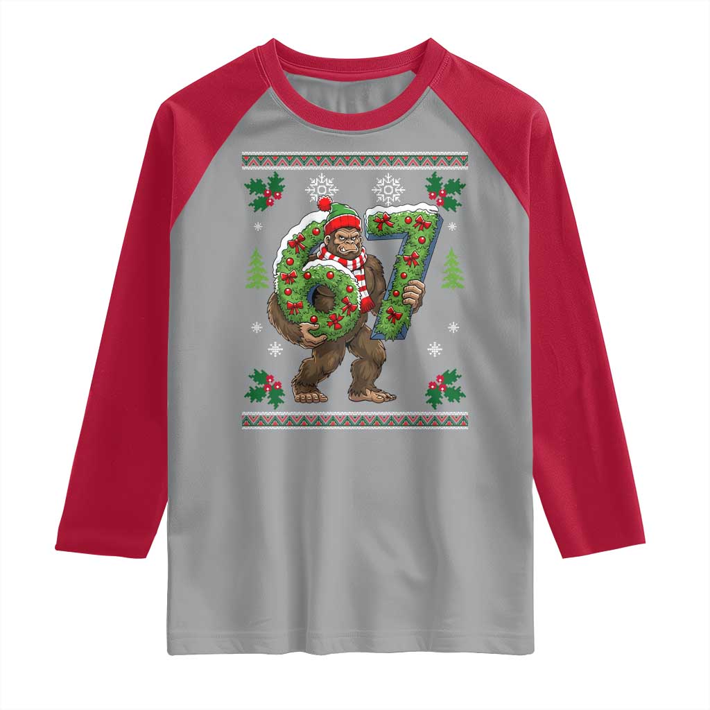 67 Meme Christmas Bigfoot Raglan Shirt Funny Six Seven Wreath Sasquatch Holiday Gag Gift - Wonder Print Shop