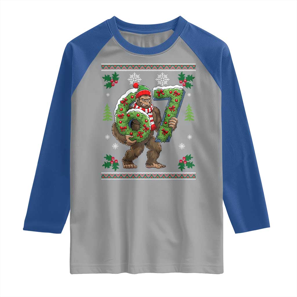 67 Meme Christmas Bigfoot Raglan Shirt Funny Six Seven Wreath Sasquatch Holiday Gag Gift - Wonder Print Shop