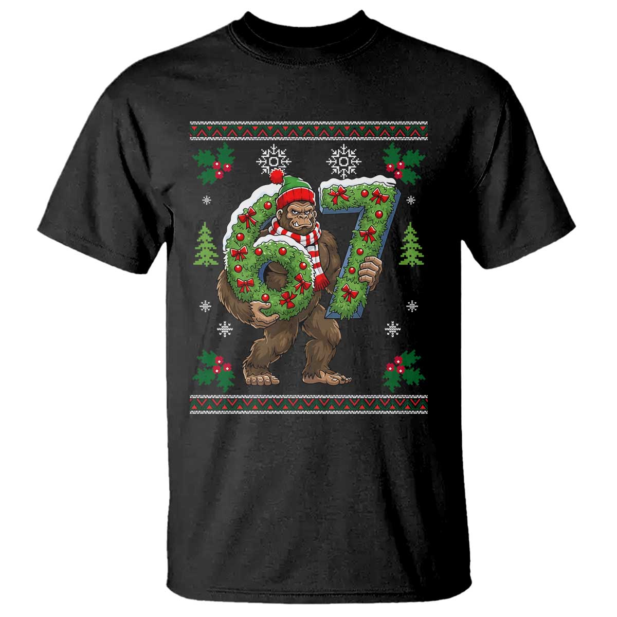 67 Meme Christmas Bigfoot T Shirt Funny Six Seven Wreath Sasquatch Holiday Gag Gift - Wonder Print Shop