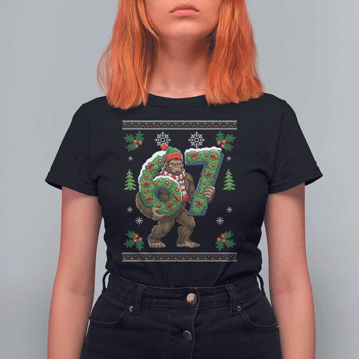 67 Meme Christmas Bigfoot T Shirt For Women Funny Six Seven Wreath Sasquatch Holiday Gag Gift - Wonder Print Shop
