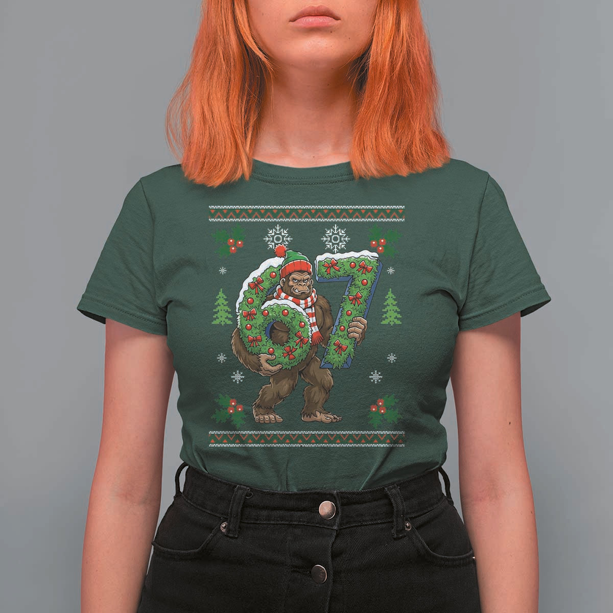 67 Meme Christmas Bigfoot T Shirt For Women Funny Six Seven Wreath Sasquatch Holiday Gag Gift - Wonder Print Shop