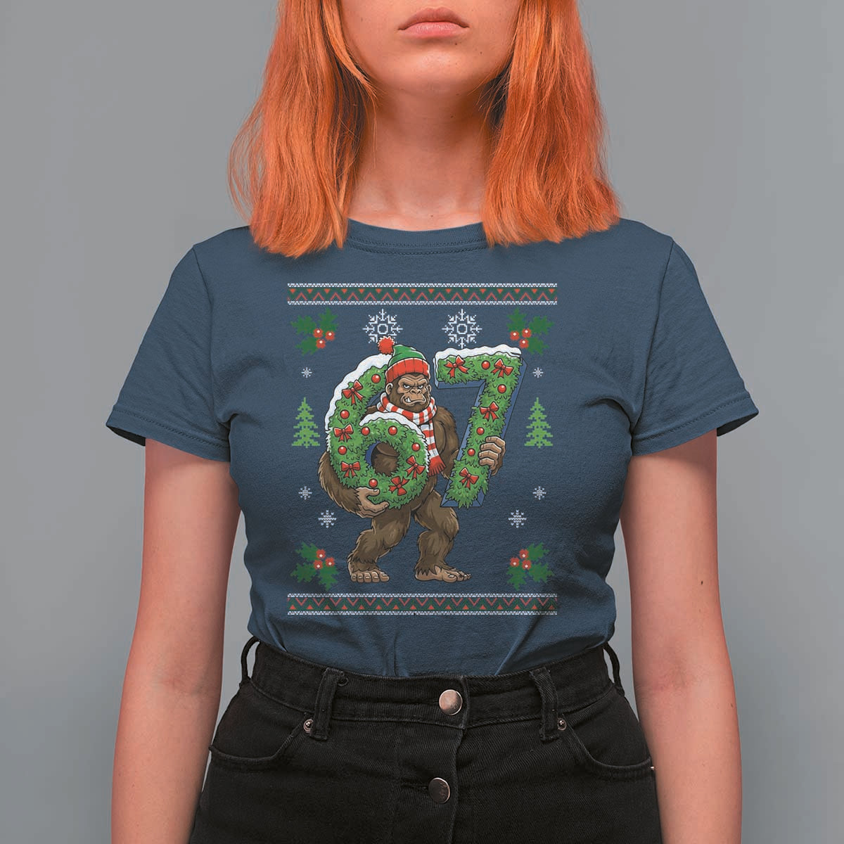 67 Meme Christmas Bigfoot T Shirt For Women Funny Six Seven Wreath Sasquatch Holiday Gag Gift - Wonder Print Shop
