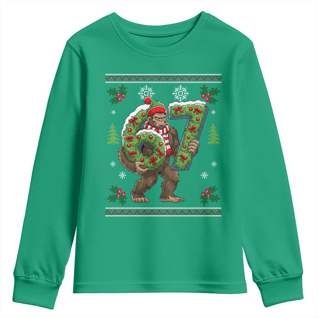 67 Meme Christmas Bigfoot Youth Sweatshirt Funny Six Seven Wreath Sasquatch Holiday Gag Gift - Wonder Print Shop