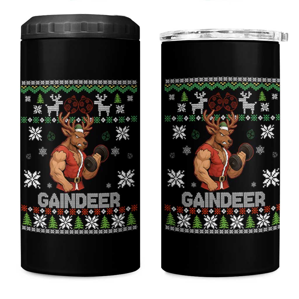 Funny Christmas Workout Gaindeer 4 in 1 Can Cooler Tumbler Muscular Reindeer Holiday Gym Humor Wordplay - Wonder Print Shop