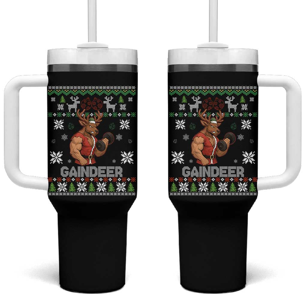Funny Christmas Workout Gaindeer Tumbler With Handle Muscular Reindeer Holiday Gym Humor Wordplay - Wonder Print Shop