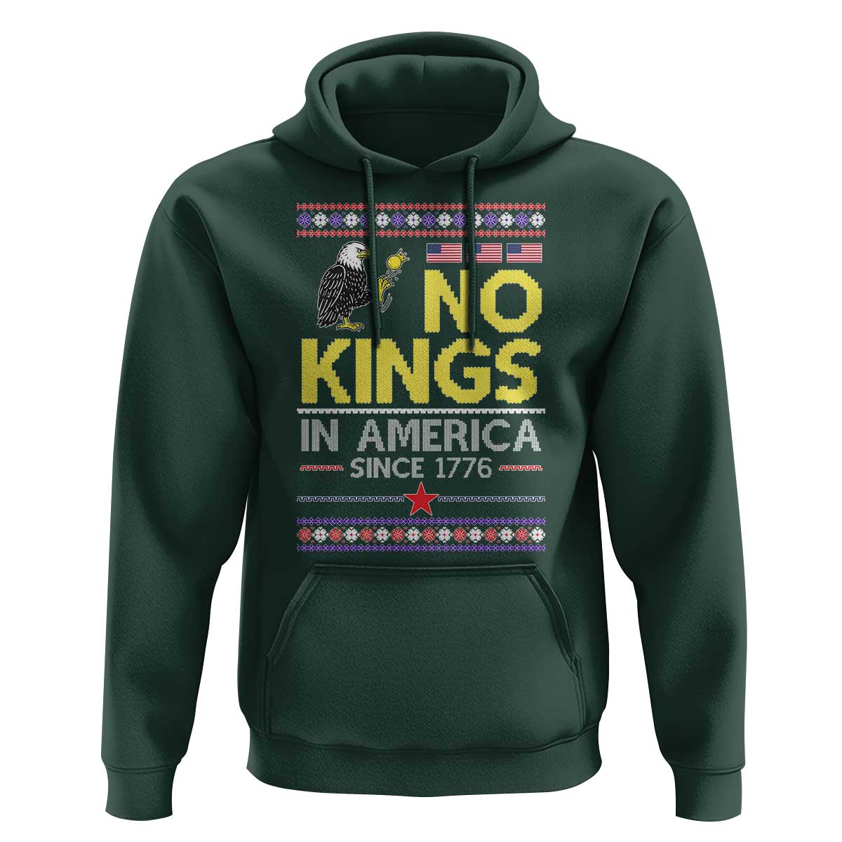 Funny Patriotic Christmas No Kings in America Hoodie Since 1776 Bald Eagle Ugly Sweater - Wonder Print Shop