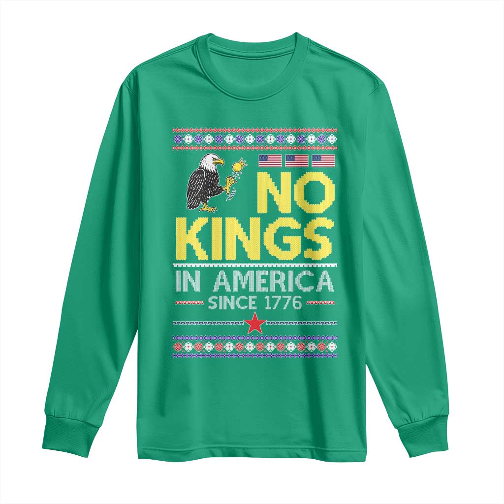 Funny Patriotic Christmas No Kings in America Long Sleeve Shirt Since 1776 Bald Eagle Ugly Sweater - Wonder Print Shop