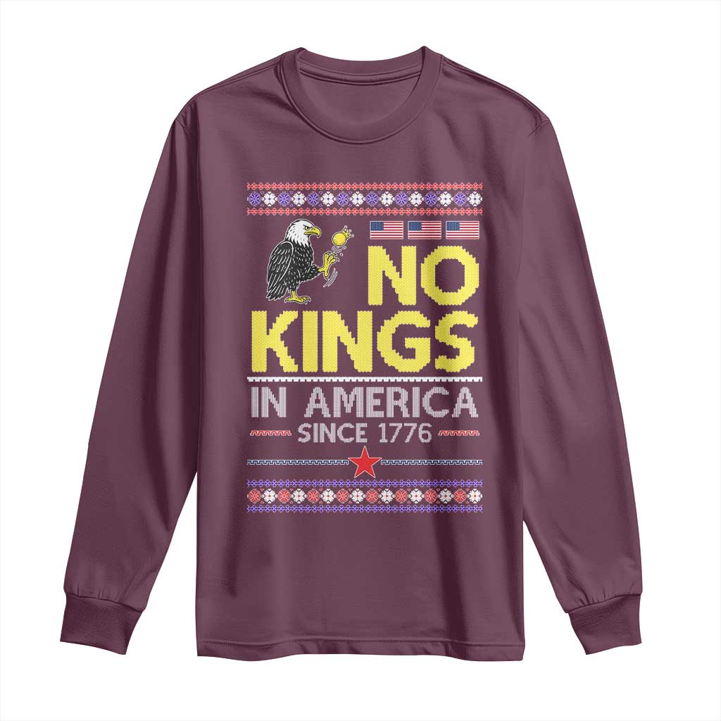 Funny Patriotic Christmas No Kings in America Long Sleeve Shirt Since 1776 Bald Eagle Ugly Sweater - Wonder Print Shop