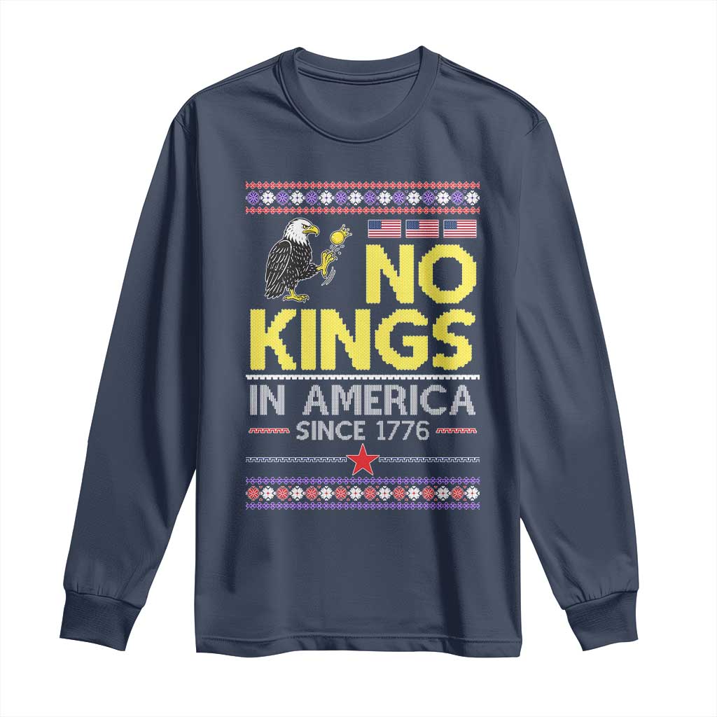 Funny Patriotic Christmas No Kings in America Long Sleeve Shirt Since 1776 Bald Eagle Ugly Sweater - Wonder Print Shop