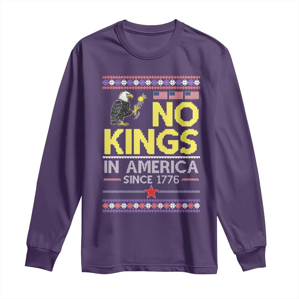 Funny Patriotic Christmas No Kings in America Long Sleeve Shirt Since 1776 Bald Eagle Ugly Sweater - Wonder Print Shop