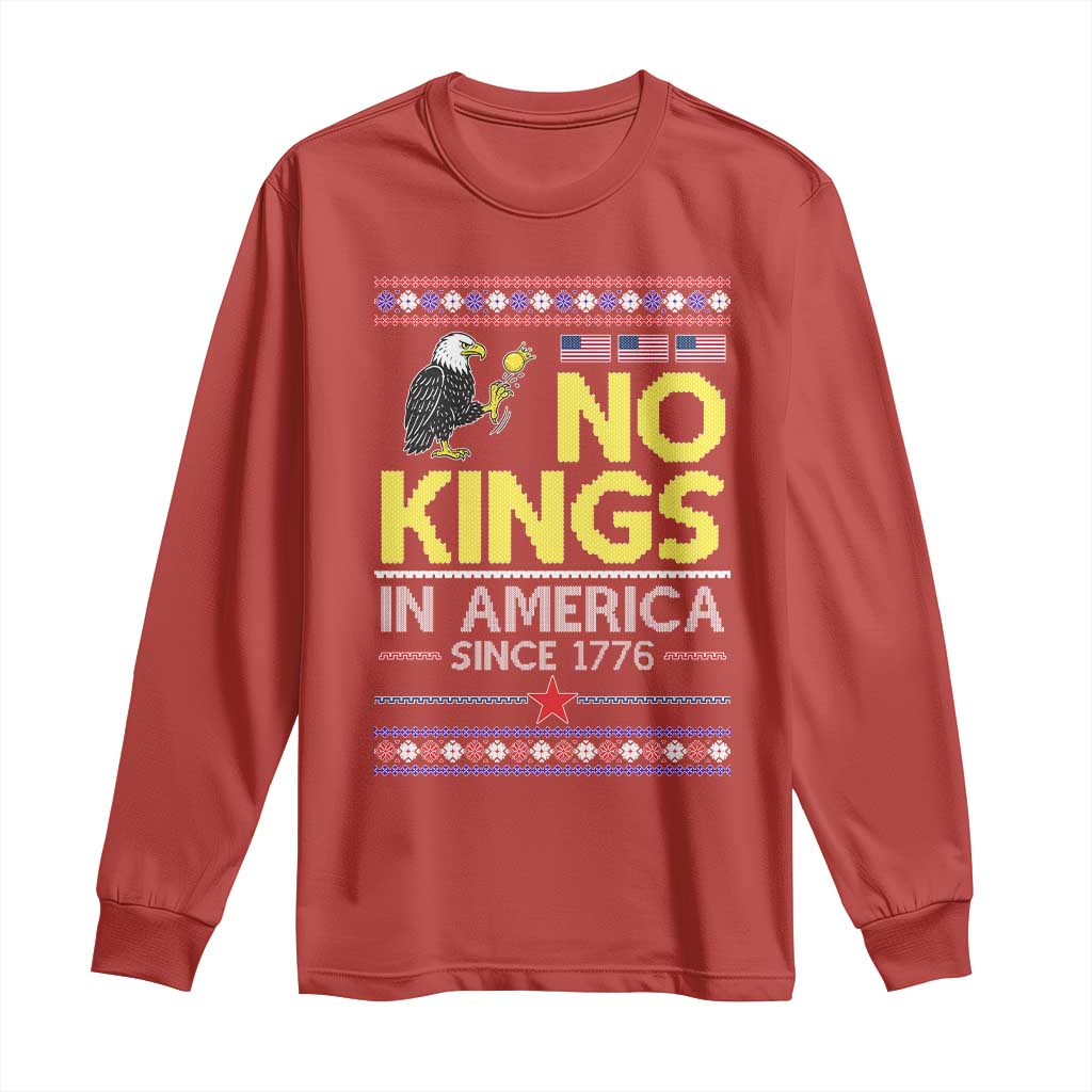 Funny Patriotic Christmas No Kings in America Long Sleeve Shirt Since 1776 Bald Eagle Ugly Sweater - Wonder Print Shop