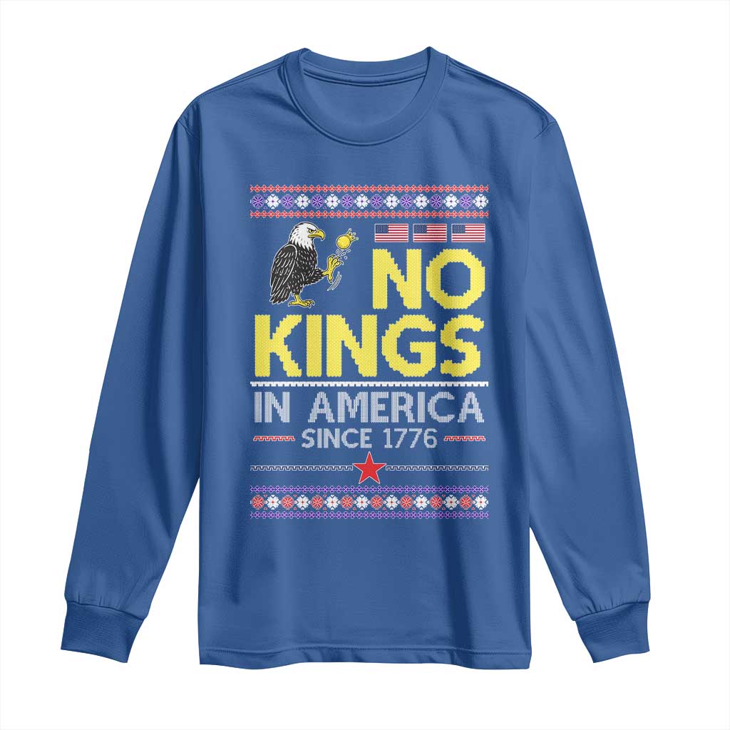 Funny Patriotic Christmas No Kings in America Long Sleeve Shirt Since 1776 Bald Eagle Ugly Sweater - Wonder Print Shop