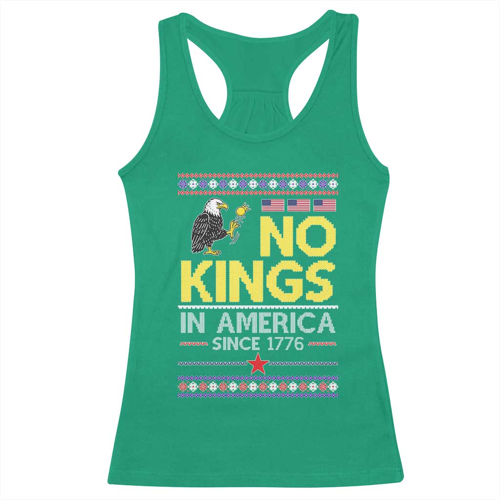 Funny Patriotic Christmas No Kings in America Racerback Tank Top Since 1776 Bald Eagle Ugly Sweater - Wonder Print Shop