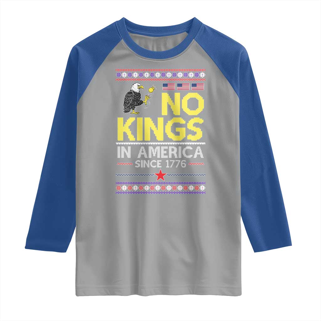 Funny Patriotic Christmas No Kings in America Raglan Shirt Since 1776 Bald Eagle Ugly Sweater - Wonder Print Shop