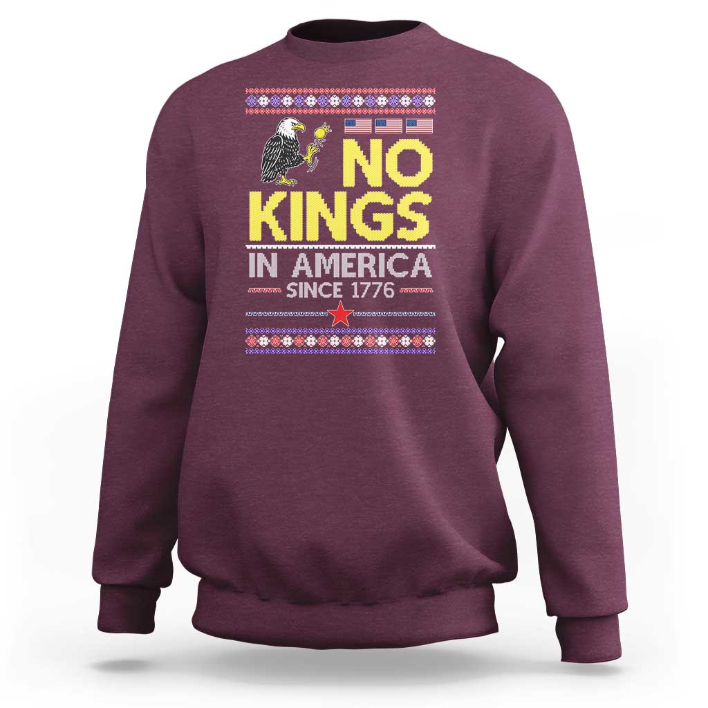 Funny Patriotic Christmas No Kings in America Sweatshirt Since 1776 Bald Eagle Ugly Sweater - Wonder Print Shop