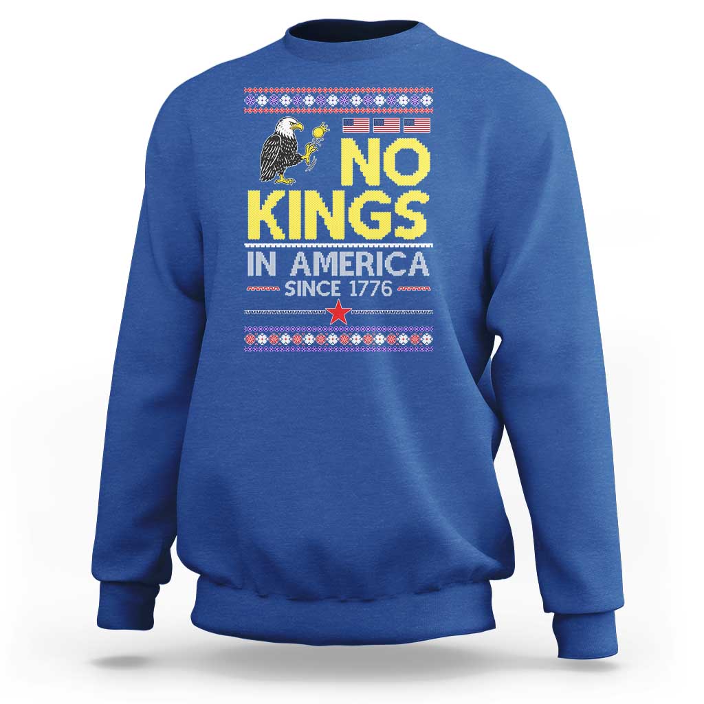 Funny Patriotic Christmas No Kings in America Sweatshirt Since 1776 Bald Eagle Ugly Sweater - Wonder Print Shop
