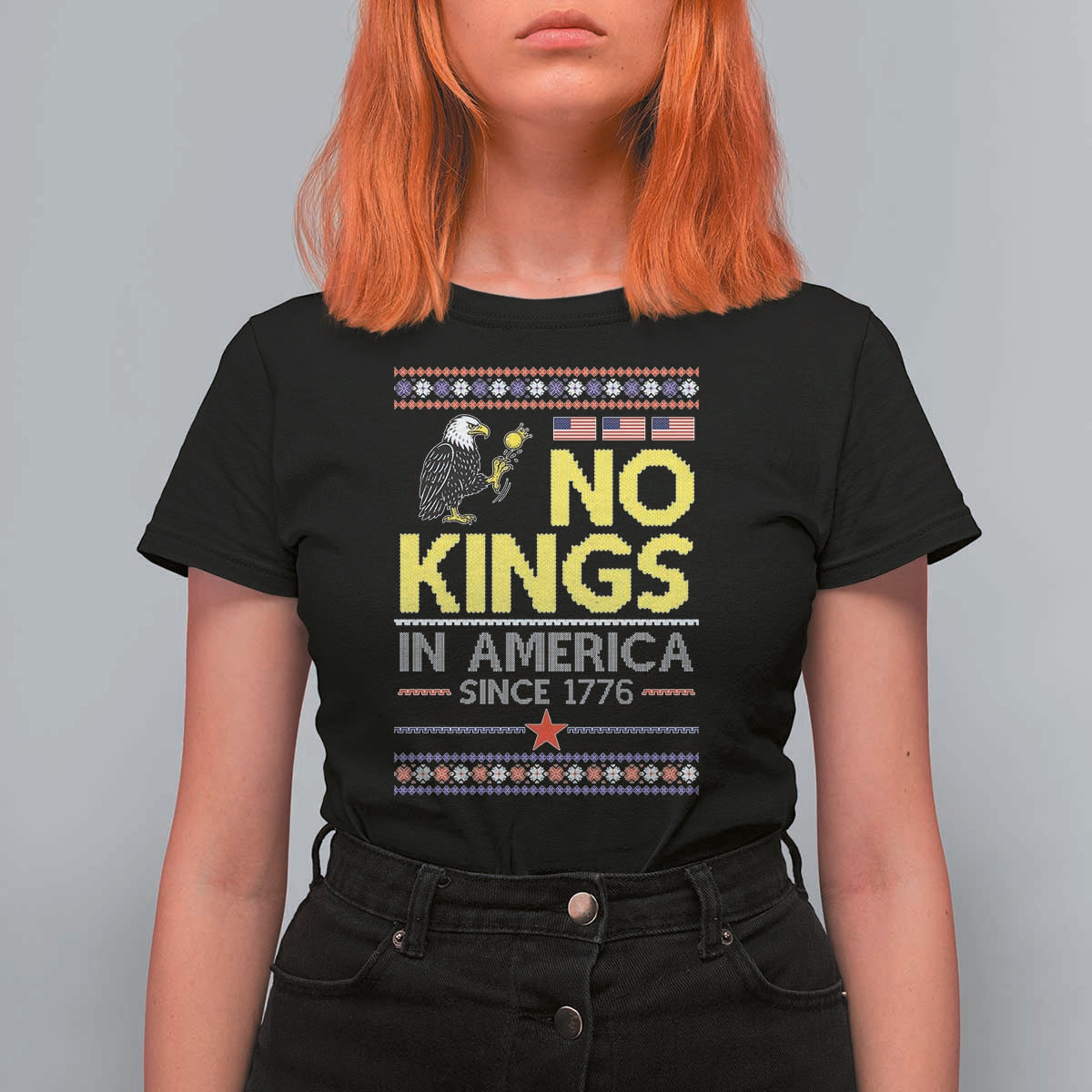 Funny Patriotic Christmas No Kings in America T Shirt For Women Since 1776 Bald Eagle Ugly Sweater - Wonder Print Shop