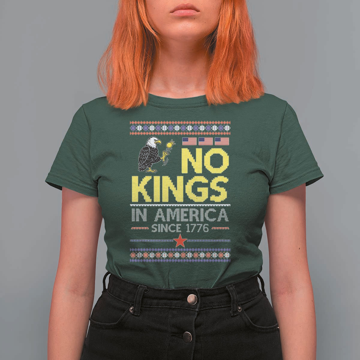 Funny Patriotic Christmas No Kings in America T Shirt For Women Since 1776 Bald Eagle Ugly Sweater - Wonder Print Shop