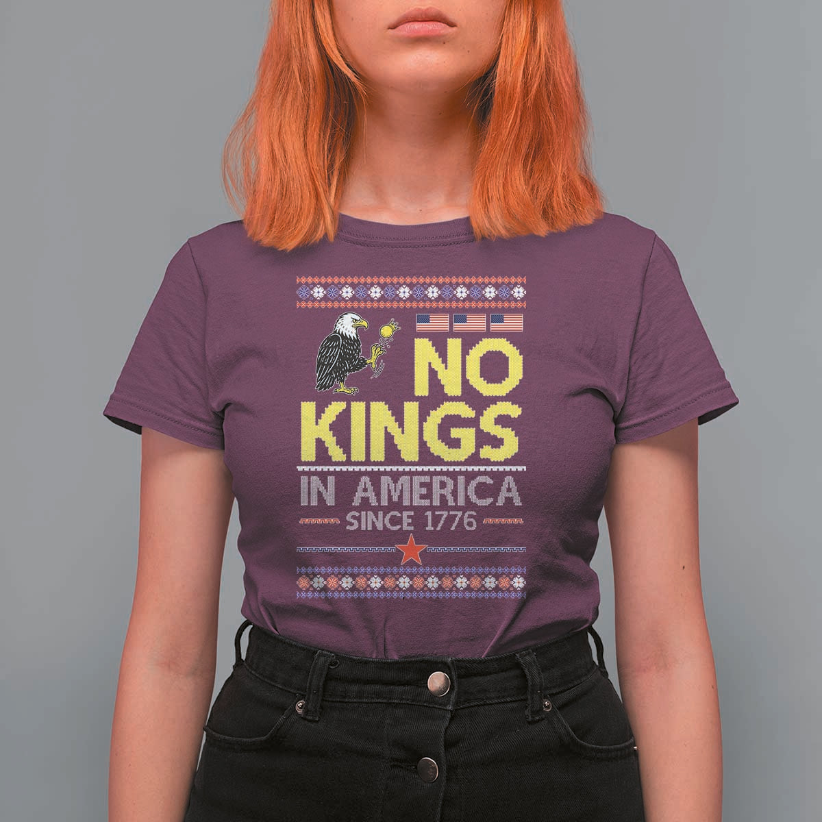 Funny Patriotic Christmas No Kings in America T Shirt For Women Since 1776 Bald Eagle Ugly Sweater - Wonder Print Shop