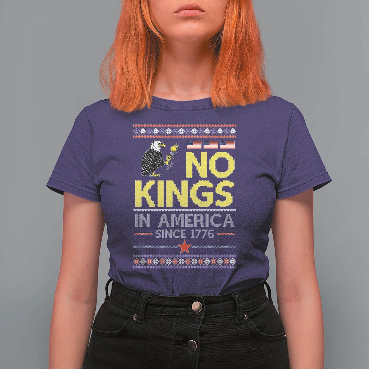 Funny Patriotic Christmas No Kings in America T Shirt For Women Since 1776 Bald Eagle Ugly Sweater - Wonder Print Shop