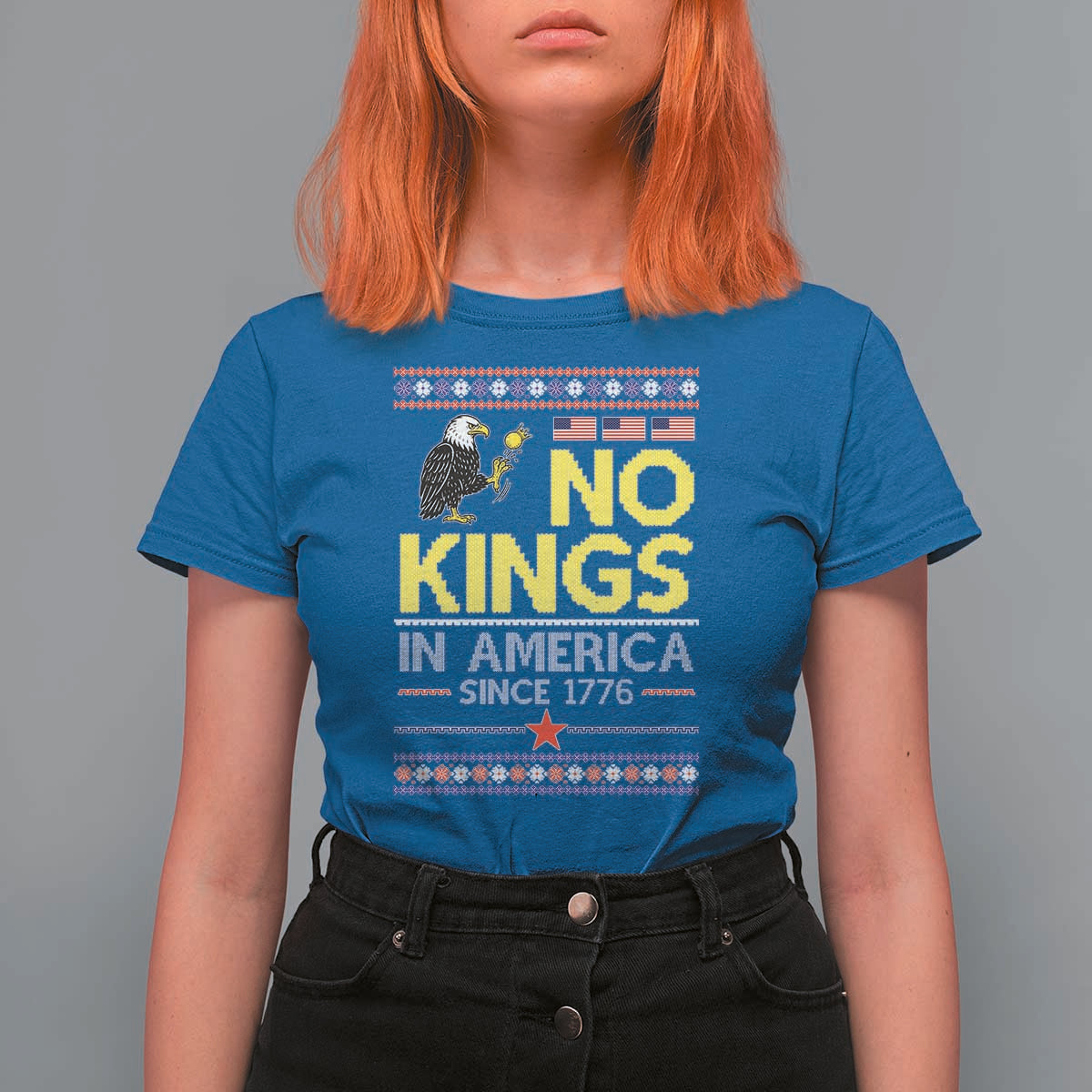 Funny Patriotic Christmas No Kings in America T Shirt For Women Since 1776 Bald Eagle Ugly Sweater - Wonder Print Shop