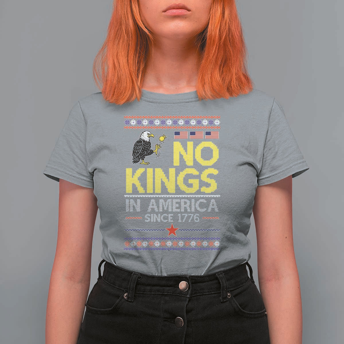 Funny Patriotic Christmas No Kings in America T Shirt For Women Since 1776 Bald Eagle Ugly Sweater - Wonder Print Shop